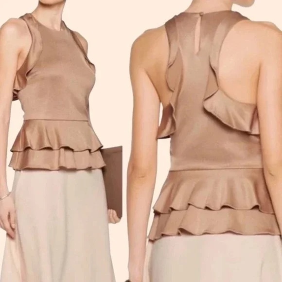 Jonathan Simkhai Bateau Neckline Tan Ruffle Peplum Tank Size Small - Picture 1 of 10